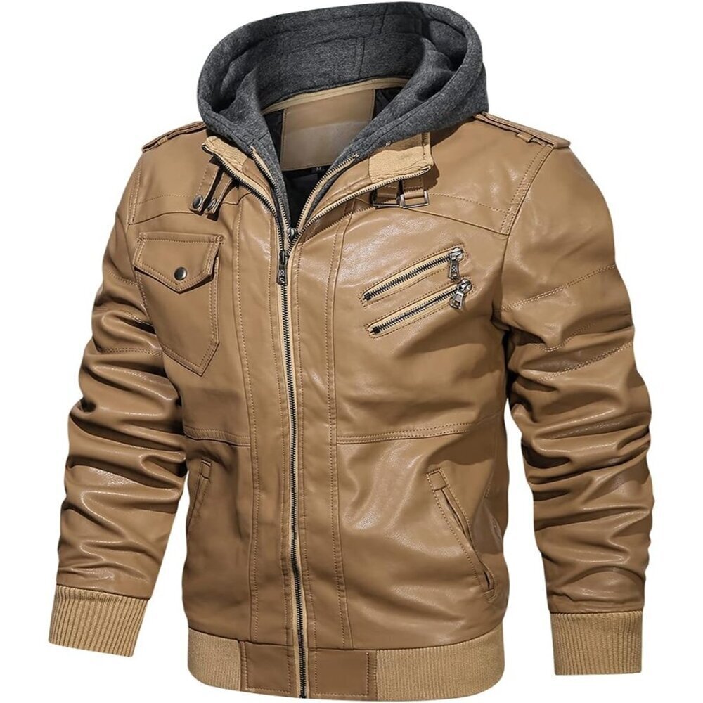 🆕 Hood Crew PU Faux Leather Zipper Jacket Men Brown Stand Collar Bomber Hood - Picture 4 of 6
